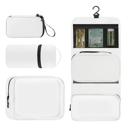 4-Piece Travel Toiletry Bag Set, Hanging Toiletry Bag Premium Faux Leather, Toiletry Bag for Women & Men, Travel Essentials Makeup Bag Water-resistant, White