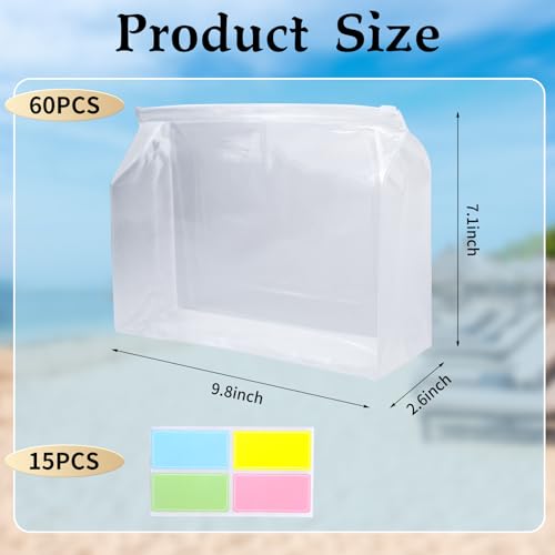 60 Pcs Mini Clear Makeup Bag 9.8 x 7.1 x 2.6 Inch Toiletry Organizer Pouches with 60 Labels Small PVC Waterproof Cosmetic Bags Transparent Zipper Bag for Organizing Women Men Travel Vacation Supplies