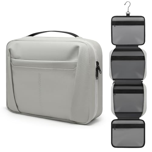 Travel Hanging Toiletry Bag for Men Women Wash Bags Water-Resistant Organiser Makeup Cosmetic Bag Foldable Large Capacity Travel Sized Toiletries with 5 Compartments (Silk Grey, Medium)