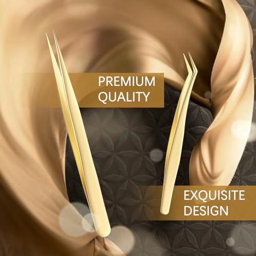 MORGLES Golden Lash Tweezers Set, 5 PCS Professional Eyelash Tweezers for Eyelash Extensions for Beginners & Lash Artists