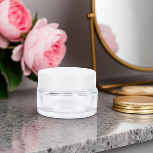 Clear Glass 0.50 oz / 15 ml Low Profile Thick Wall Balm Empty Jars (24 pack, White Smooth Foam Lined Lids)