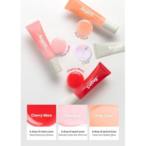 Lip Care Color Oil 0.34 Fl Oz, Vegan Tinted Lip Oil with Jelly Massager for Dry Lips, Hydrating & Cooling Lip Treatment, Long-Lasting Glow & Volume, Korean Lip Oil, BeginS (Cherry More)