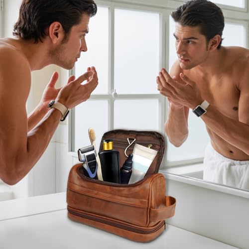 Toiletry Bag for Men, Large Leather Travel Essentials Shaving Kit, Water Resistant Bathroom Toiletries Organizer Cosmetic Bags, Gifts for Men, Him, Father, Dad, Husband, Son, Boyfriend, Grandpa