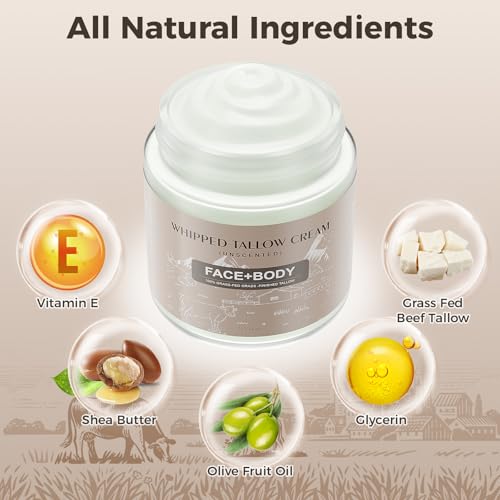 Ofanyia Beef Tallow for Skin, Whipped Tallow Cream for Sensitive Skin, Tallow Face Moisturizer for Repairing Damaged Dry Skin, Natural Beef Tallow Grass Fed Lotion for Skin Care, 4 oz (UNSCENTED)