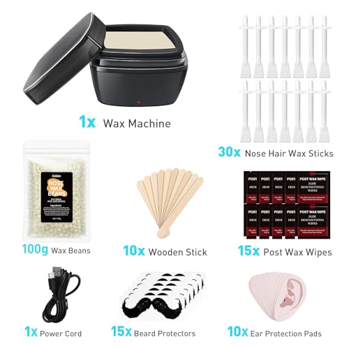 Nose Wax Kit Men, Nose Hair Wax Kit With 30 Sticks, Painless Nose & Ear Hair Removal, Usb Fast Heat Mini Wax pot, Smart Constant Temp (Square,Black)