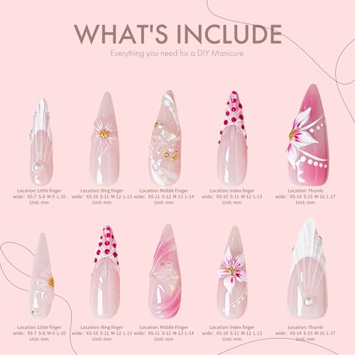 Petal Whisper 10PCS Long Pink Floral Gradient Press On Nails, 3D Flower Pearl Gold Accent Elegant Wedding Fake Nails for Women, Soft Glam Korean Style Acrylic UV Gel Press-On Nails Set (Pink, M)