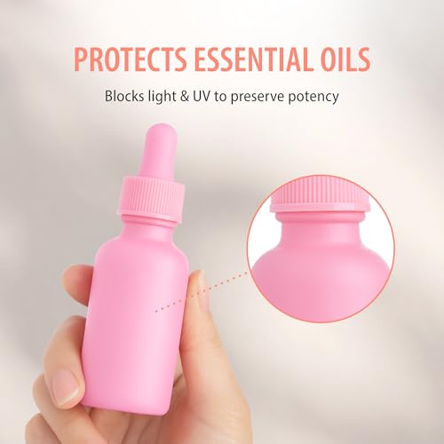 24 Pink Coated 1 oz Glass Boston Round Dropper Bottles For Essential Oils, Aromatherapy and Skin Care