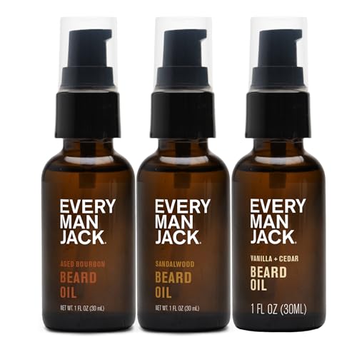 Every Man Jack Beard Oil Gift Set for Men ? Full Size 3-pack - Sandalwood, Vanilla + Cedar & Aged Bourbon Scents ? Softens Beard + Adds Shine - Naturally Derived w/Shea Butter ? 1 fl oz (3 Pack)