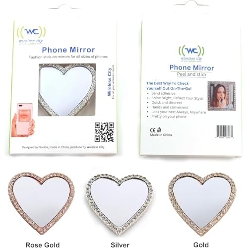 Wireless City Heart Phone Mirror Stick-On (2 Pack), Silver & Gold Diamond Bling Makeup Mirrors, 5.5cm Ideal for Makeup and Women¡¯s Touch-Ups