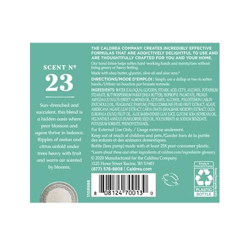 Caldrea Hand Lotion, For Dry Hands, Made with Shea Butter, Aloe Vera, and Glycerin and Other Thoughtfully Chosen Ingredients, Pear Blossom Agave Scent, 10.8 oz (Packaging May Vary)