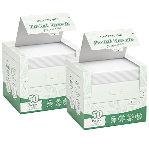 MATERN'ELLA Disposable Face Towels XL Ultra Soft Biodegradable Dry Wipes, Plant-Based Lint-Free Facial Towelettes for Makeup Removal & Sensitive Skin, Premium Texture for Effective Cleansing 2 x 50 Ct