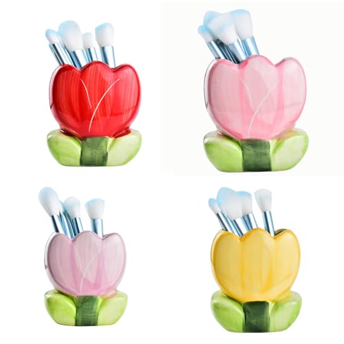 Ceramic Tulip Cosmetic Storage Box, Desktop Organizers Make Up Brush Storage Stand Desktop Storage Box for Brush,Pencil,Art Supplies, Painting Brush (Pink+Purple+Red+Yellow)