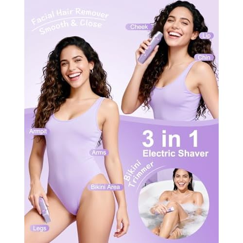 Bikini Trimmer for Women, 3-in-1 Electric Razors for Women, IPX7 Waterproof Rechargeable Cordless Pubic Hair Shaver for Ladies Bikini Pubic, Face, Underarms, Legs