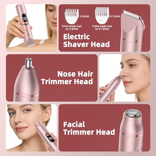 Bikini Trimmer for Women, Painless Lady Shavers with Facial Hair Removal and Nose Hair Trimmer for Leg, Nose,Body and Armpit (Rose Gold)