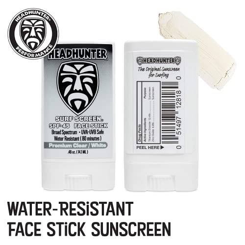 Headhunter Sunscreen Face Stick SPF 45, Waterproof Surf Sunblock for Waterman, Water-Resistant Facial Sunscreen for Ultra-Sport Protection and Solar Defense (80 min), Clear White (3 pack)
