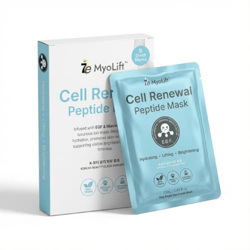 MYOLIFT Cell Renewal Peptide Mask(EGF)? 100%Vegan, Bio-Cellulose FaceMask for CellRenewal, Skin Firming, Hydrating & Brightening-with Niacinamide, Hyaluronic Acid& EGF|Korean Skincare Sheet Mask?Pack5