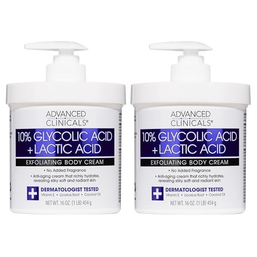 Advanced Clinicals 10% Glycolic Acid + Lactic Acid Lotion Exfoliant Moisturizing Cream With Hyaluronic Acid Moisturizer | AHA Exfoliating Body Cream Improves Look Of Uneven Rough Skin Texture, 2-Pack