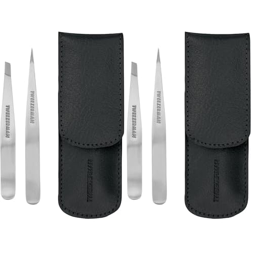 Tweezerman Petite Tweeze Set with Travel Case - Point and Slant Tweezers, Tweezers for Travel (Black Case), (Pack of 2)