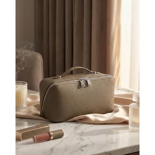 EACHY Travel Makeup Bag, Lychee Leather Large Capacity Cosmetic Bag for Women, Open Flat Toiletry Bag with TPU Brush Compartment, Waterproof Skincare Organizer Travel Essentials