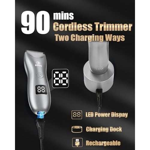 Body Hair Trimmer for Men with Light, Ball Trimmer Men Waterproof, Pubic Groin Hair Trimmers for Man Rechargeable Body Groomer with Standing Recharge Dock,LED Display