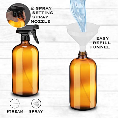 kitchentoolz Large 32oz Amber Glass Gardening Spray Bottles with Funnel - Refillable Trigger Sprayer Container for Plant Misting, Hair Salon, Indoor and Outdoor