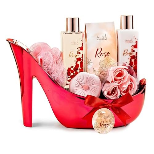 Freida & Joe Elegant Bath Set in High Heel Shoe ? Luxurious Spa Gift Basket for Women, Includes Shower Gel, Body Lotion, Bath Salts, Soap Flowers, Bath Fizzer & Sponge (Rose) ? Mother's Day Gift