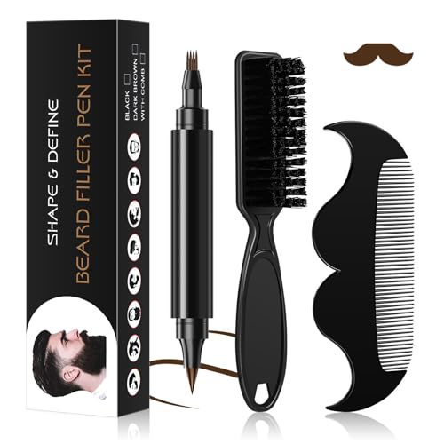 Beard Pencil Filler for Men Black - Beard Pen with Beard Brush & Comb, Barber Pencil Dual-Head Beard Filler with 4-Fork-Tip Waterproof Grooming Kit for Men, Gifts for Men (Dark Brown)