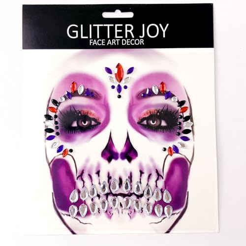 4 Packs PADOUN Face Gems Jewels, Day of The Died Skull Temporary Rhinestone Face Tattoo, Face Stickers Gems Jewels for Halloween