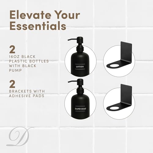 Black Plastic Bottle | Refillable Wall Mount Liquid Soap Dispenser with No Drill Brackets | 16 oz Hand Soap and Lotion for Every Bathroom | Two Bottles