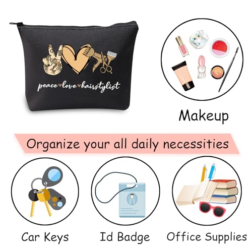 JXGZSO Scissor Makeup Organizer Hair Stylist Cosmetic Pouch Bag Hairdresser Gifts For Women Peace Love Hairstylist Toiletry Bag (Peace Love Hairstylist Black)
