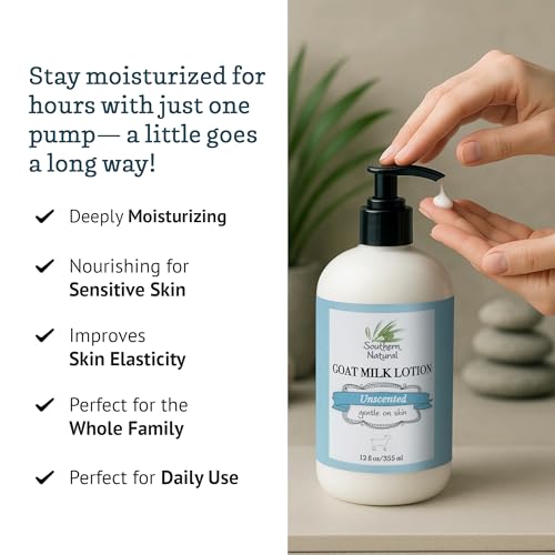 Southern Natural Goat Milk Lotion ? Nourishing Face, Body & Hand Moisturizer for Dry & Sensitive Skin - Hydrating Cream, Gentle Skincare for Soft & Smooth Feel - Unscented 12oz