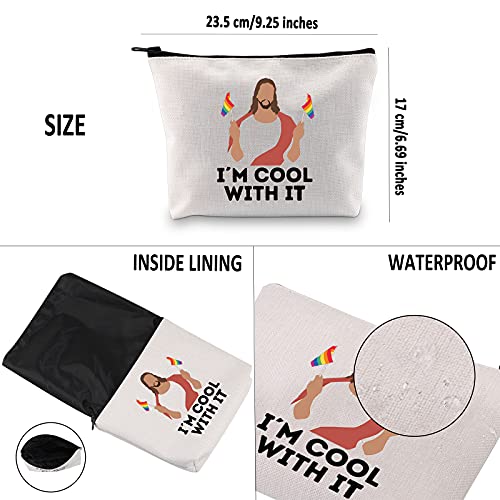 G2TUP LGBTQ Pride Gift Jesus I'm Cool With It Makeup Bag Gay Pride Rainbow Cosmetic Bag Travel Pouch with Zipper Support LGBT Gift (Cool With It White Bag)
