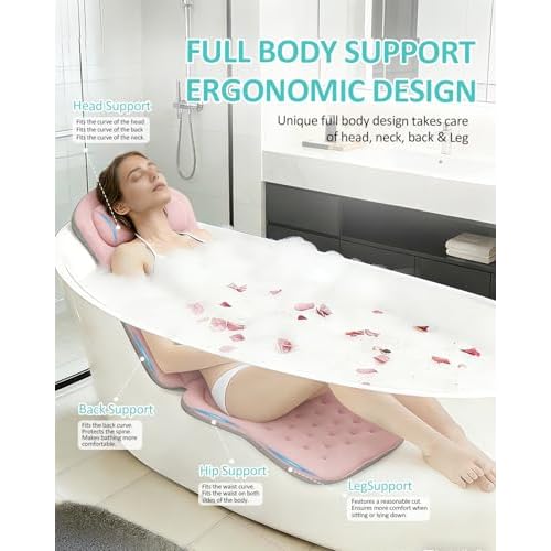 Full Body Bath Pillow for Bathtub, 5D Thick Tub Pillow for Bathtub with 192 Non-Slip Suction Cups, Laundry Bag & Hook, Bathtub Pillow for Head, Neck & Back Support (Pink, 51"*15")