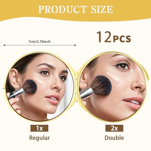 12 Pcs Portable Folding Compact Mirror Bulk with Storage Bag Mini Double Sided Makeup Mirror with 1X and 2X Magnification for Women Bridesmaid Travel Gifts (Gold)