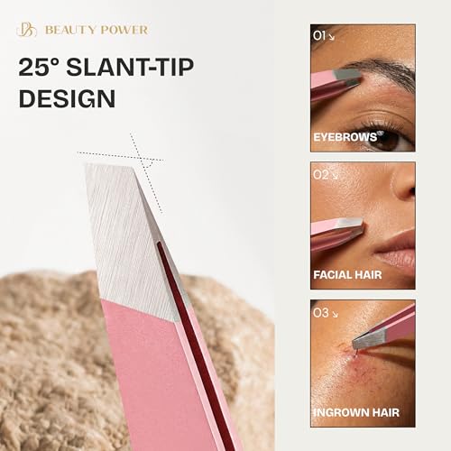 Professional Tweezers in Case - Slant, Durable Lightweight German Stainless Steel, Ultra Precision Tweezers for Eyebrows, Facial Hair, Chin, and Ingrown Hair Removal - Gift Idea - Pink