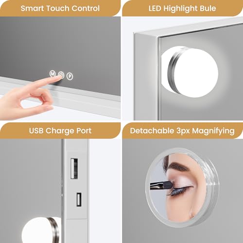 GAOMON Makeup Mirror with Lights, Multifunctional Smart Touch Vanity Mirror with 15 Dimmable LED Lights and 3 Lighting Modes, 3X Magnification, Tabletop or Wall Mount, Dressing Room/Bedroom