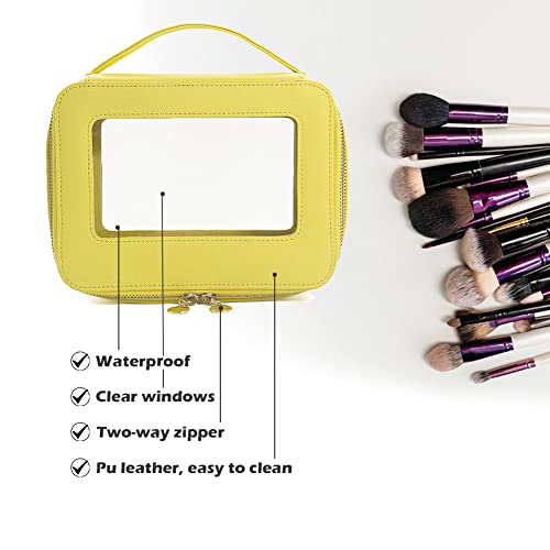 Clear Makeup Case, Transparent Makeup Bag for Travel Leather Beauty Pouch Toiletry Bag for Women and Girls(Yellow)