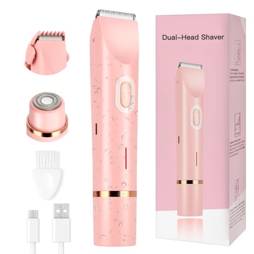 Women's Bikini Trimmer, 2-in-1 Electric Shaver for Bikini Line, Legs, Underarms, Face - Waterproof Women's Electric Shaver for Sensitive Skin, USB Rechargeable (Pink)