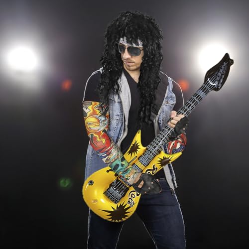 80s Costumes for Men Black Rocker Wig with Bandana Sunglasses Punk Gloves Sleeves for 70s Hippie Party Accessories