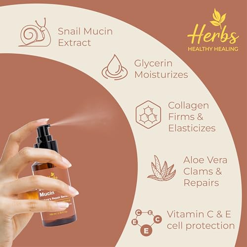 Herbs Healthy Healing Snail Mucin 96% Essence ? Korean Hydrating Face Serum (3.38 fl oz) ? Nourishing Skincare for Fine Lines, Uneven Tone & Dehydrated Skin ? Lightweight, Fast-Absorbing Formula