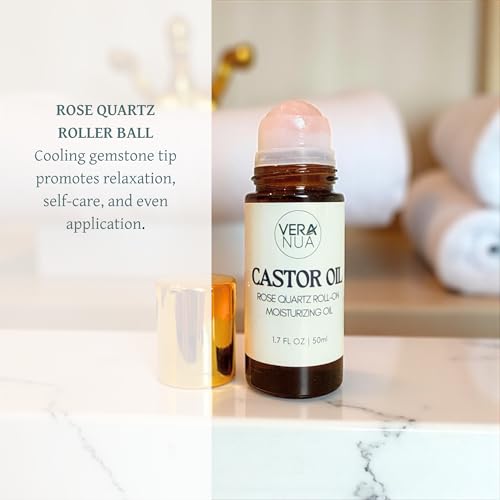 Castor Oil with Rose Quartz Roller ? Made with Organic Castor Oil, 100% Pure, Cold-Pressed & Hexane-Free | Ideal For Hair, Lashes, Brows, Skin (50ml)
