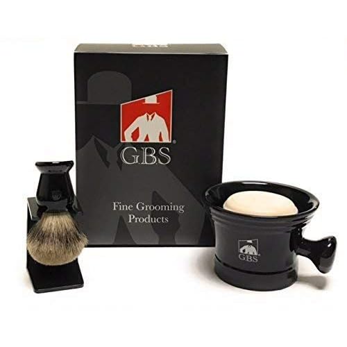 G.B.S Men¡¯s Wet Grooming Shaving Set, Gift Boxed-Ceramic Black Shaving Mug with Knob Handle, Shaving Brush, Stand and Sandalwood Aftershave, Black