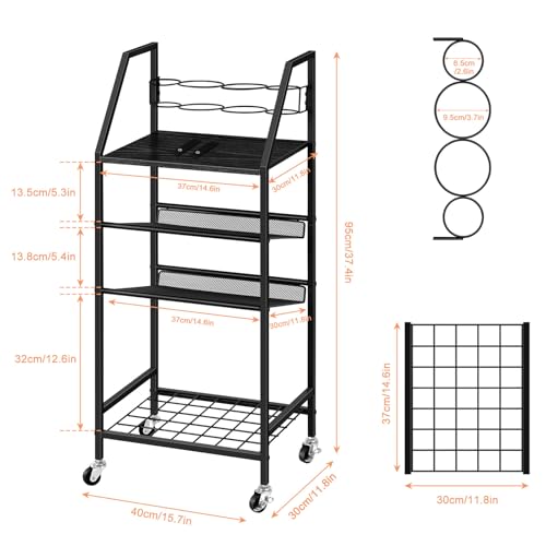 OYEAL 4 Tier Metal Bathroom Cart on Wheels Black Freestanding Bathroom Shelf Organizer with storage shelves Hair Dryer Holder Movable Towel Storage Cart for Liviing Room, Laundry Room, Kitchen