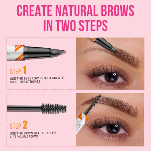 iMethod Curved Eyebrow Pen and Brow Gel - Eyebrow Pencils for Women with Hair Like Strokes, Eyebrow Makeup for All-Day Defined, Waterproof, Smudge-proof, Dark Brown and 2 Count Brow Gel Clear