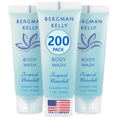 BERGMAN KELLY Travel Size Body Wash (1 fl oz, 200 PK, Tropical Waterfall), Delight Your Guests with an Invigorating and Refreshing Hotel Body Wash, Mini and Small Size Guest Hotel Toiletries in Bulk