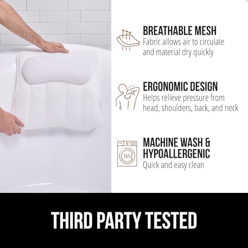 GORILLA GRIP Bath Pillow for Tub, Strong Suction Cups, Headrest with Mesh FlexComfort Technology, Neck, Head and Back Support, Luxury Machine Wash Bathtub Pillows, Spa Essential Accessories, White