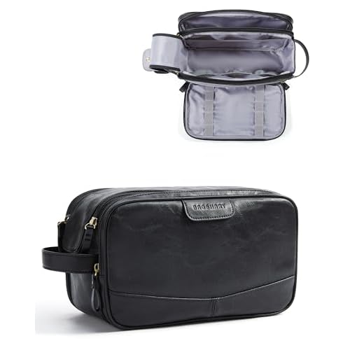 BAGSMART Large Toiletry Bag for Men, High-gloss PU Leather Travel Bag for Toiletries, Dopp Kit Water Resistant Shaving Bag for Bathroom Shower-Black