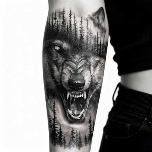 2 Sheets Realistic Animal Temporary Tattoos Stickers Forest Wolf Tree Designs For Men Waterproof Arm Leg Fake Body Art, Gym & Parties Bold Masculine Decals