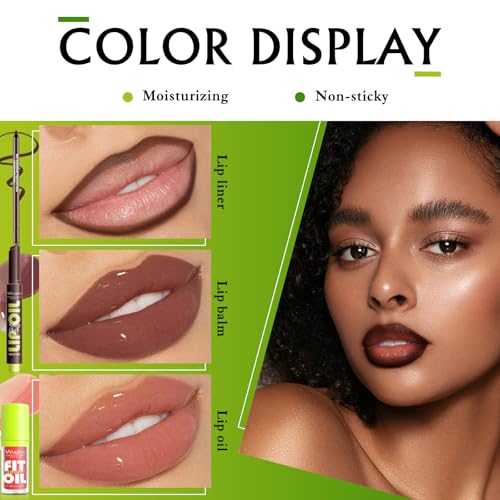 Dark Brown Lip Liner and Lip Gloss Set, Lip Combo Moisturizing Lip Balm Oil Plumping Lips Pencil Lightweight Non Sticky Tinted Lip Click Balm Liquid Lipstick Makeup for Women