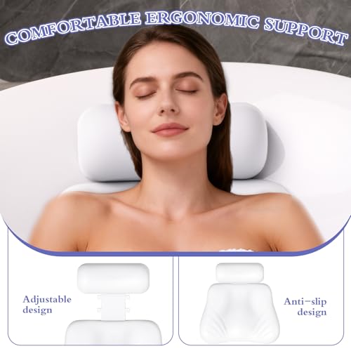 Silicone Bath Pillow, Upgraded Bath Pillows for Tub, Adjustable Height Bathtub Pillow for Head and Neck, 4D Luxury Tub Pillow Skin-Friendly Large Suction Cups Stability, Spa Relaxation-White